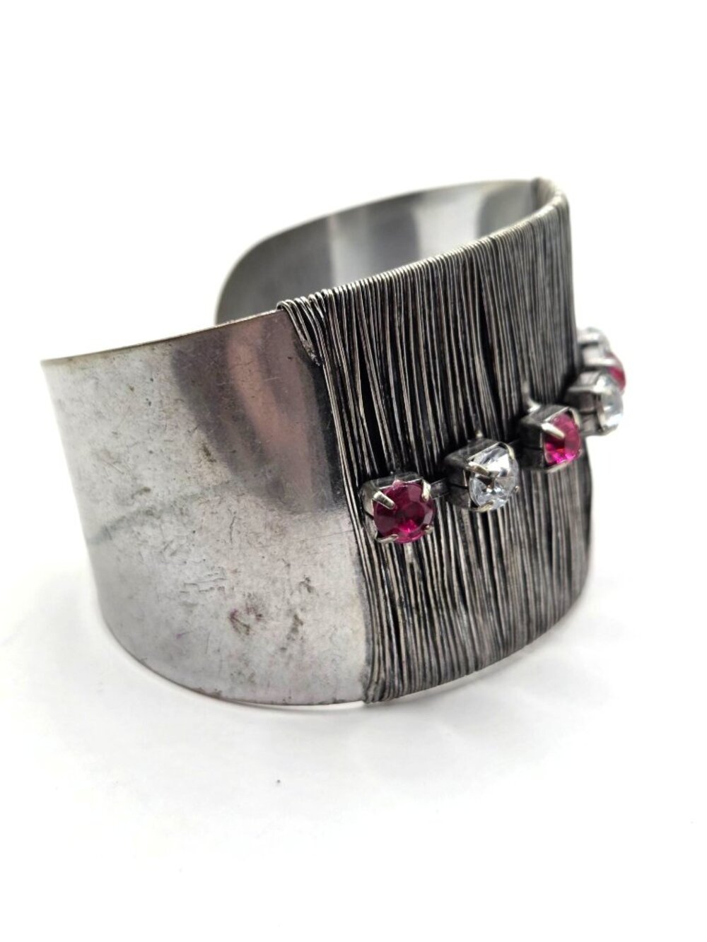 Silver Tone Cuff Bracelet With Red & Clear Stones Textured Design Adjustable Fit